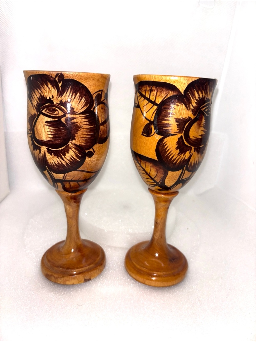 Set Of 2 Haitian Wooden Glazed Goblet Wine Glass Teak Wood